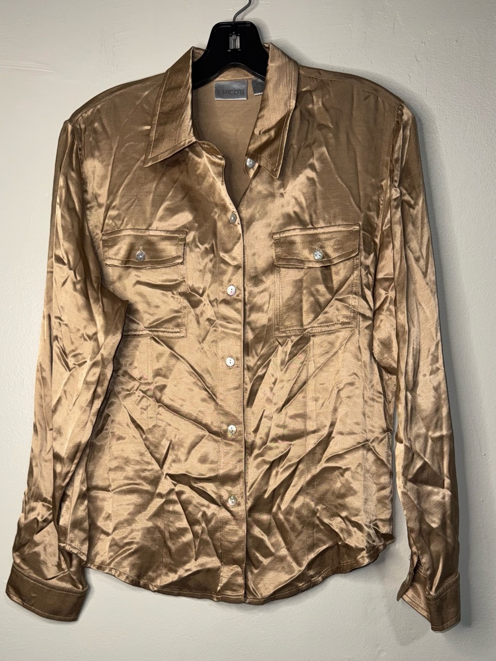 Chico's Gold Satin Button-Down Shirt